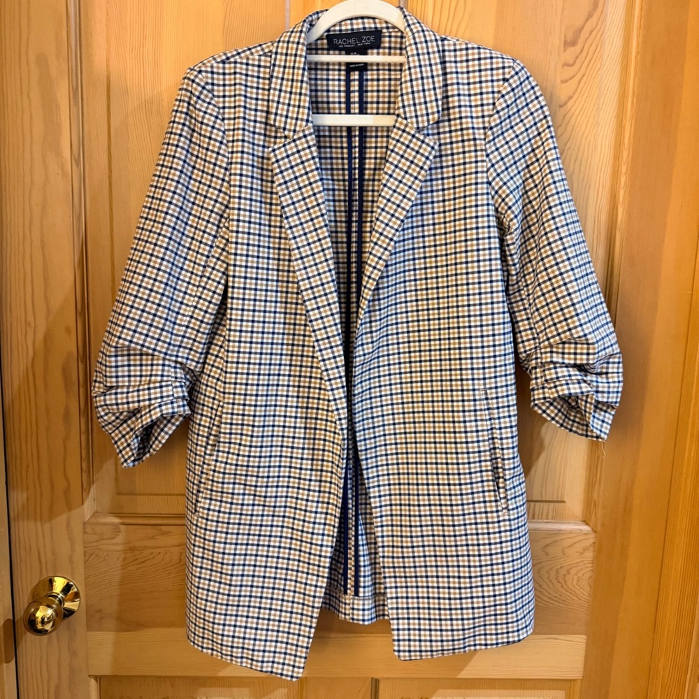 Rachel Zoe Plaid Open Front Blazer M Navy Tan Linen Blend Ruched Sleeve Office